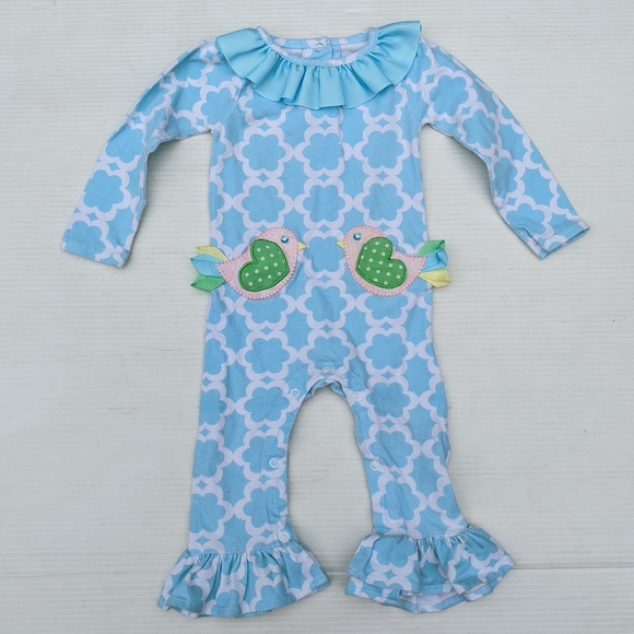 MUD PIE baby girls bird applique blue printed romper - Picture 2 of 6